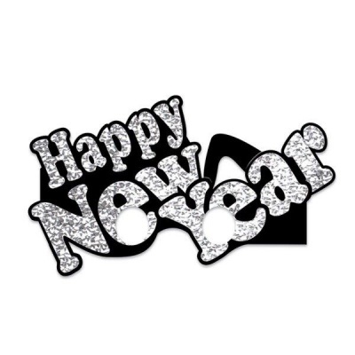 Óculos de festa com 'Happy New Year' em letras brilhantes prateadas