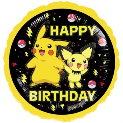 Balão de festa redondo preto e amarelo com personagens de Pokémon e texto Happy Birthday