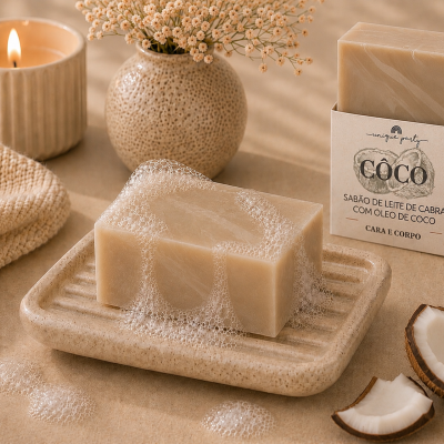 Sabonete castanho claro com espuma em suporte, caixa de sabonete coco, toalha, vela, vaso com flores e pedaços de coco