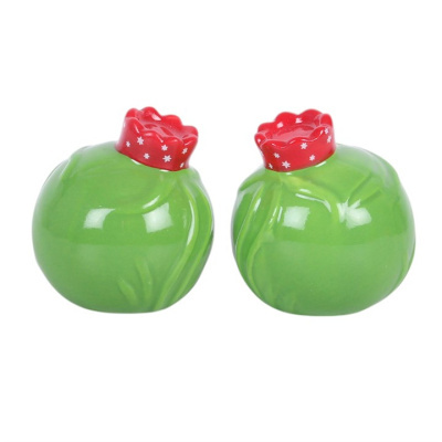 Conjunto de saleiro e pimenteiro vermelho e verde em cerâmica.