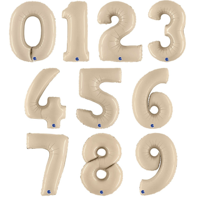 Balões metalizados bege em formato dos números de 0 a 9 com válvula azul