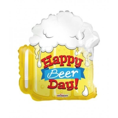 Balão em forma de caneca de cerveja com texto 'Happy Beer Day!'