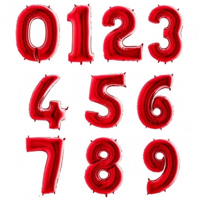 Balões vermelhos em forma de números de 0 a 9