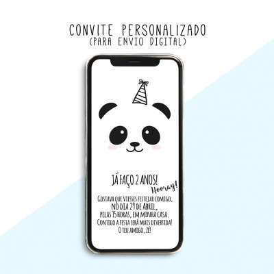 Convite digital de aniversário com rosto de panda e texto em português