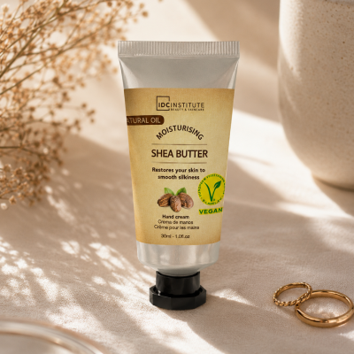tubo de creme para as mãos IDC Institute Shea Butter sobre tecido bege com alianças e vaso