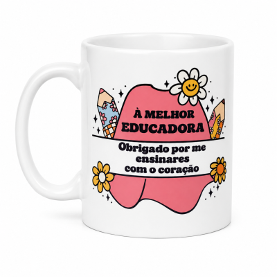 Caneca branca com design colorido e texto para educadora