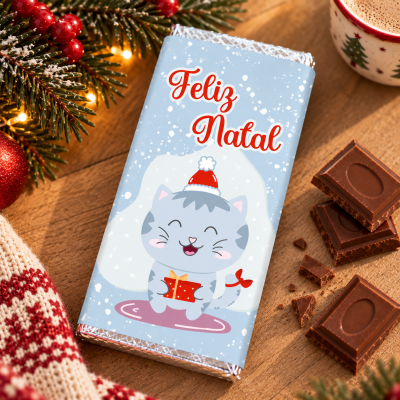 Barra de chocolate de Natal com embalagem com gato e texto Feliz Natal