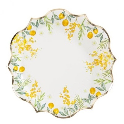 Prato decorativo branco com padrão floral amarelo e verde e borda ondulada