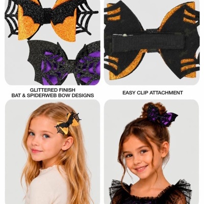 Laços com design de morcego e teia de aranha em preto, laranja e roxo com brilho para cabelo