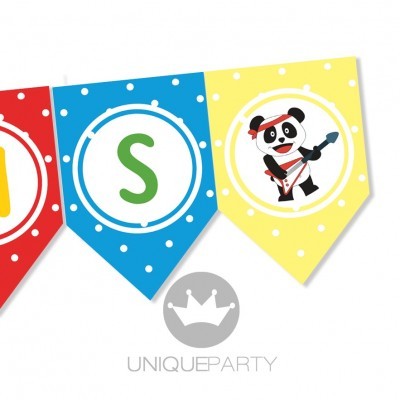 Bandeirola decorativa colorida com letras e panda a tocar guitarra.