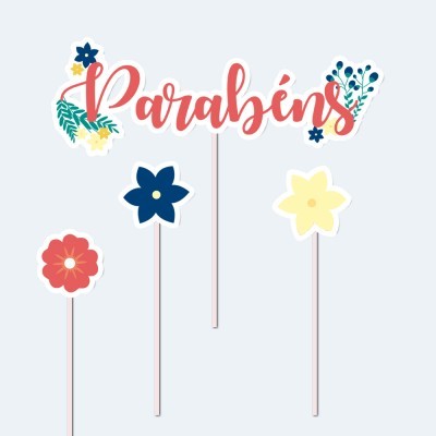 Decoração para bolo com texto 'Parabéns' e flores coloridas em hastes.