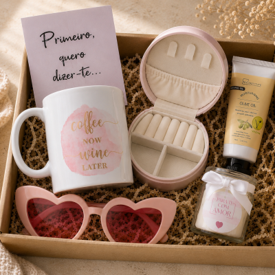 Conjunto de presente com caneca, estojo de joias, creme, vela, óculos de sol, cartão em caixa de presente
