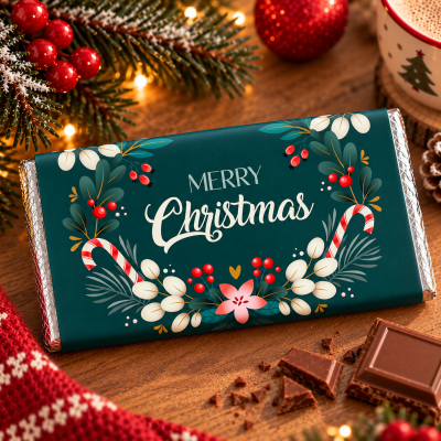Barra de chocolate com embalagem natalícia verde com texto Merry Christmas e decoração de Natal