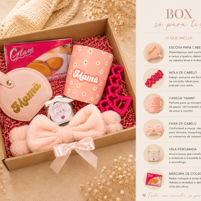 Caixa de presente com caneca rosa, faixa de cabelo, mala redonda, elásticos de cabelo, vela perfumada e máscara de colagénio