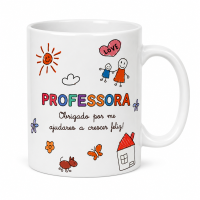 Caneca branca com desenhos infantis e texto de agradecimento para professora.