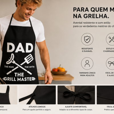 Homem a usar avental preto com texto para churrasco numa cozinha moderna
