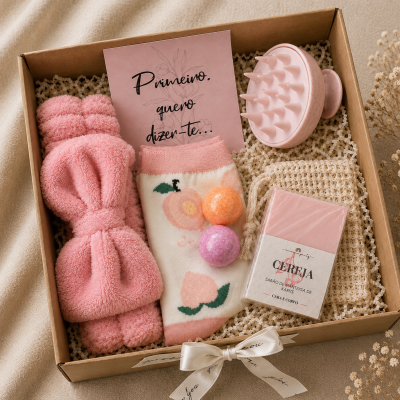 Caixa de presente com produtos de cuidado pessoal em rosa e branco com texto em português