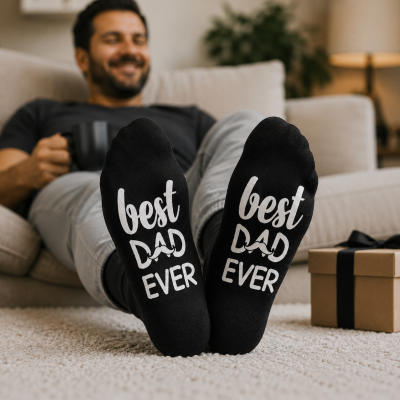 Meias pretas com texto branco best DAD EVER usadas por homem sentado no sofá com caneca e presente ao lado
