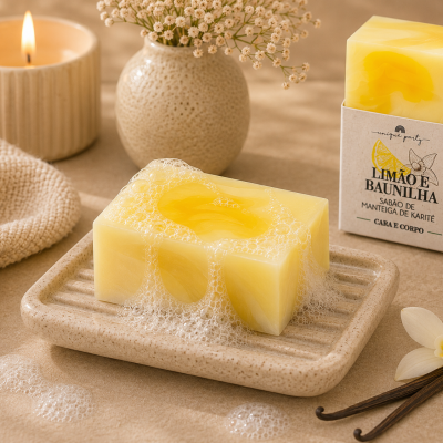 Sabonete amarelo com espuma na saboneteira e embalagem Limão e Baunilha com flores, vela e toalha.