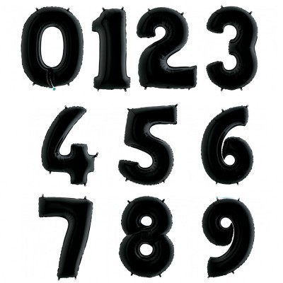 Balões pretos em forma de números de 0 a 9