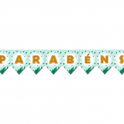 Faixa decorativa azul claro com letras coloridas e tigres nas extremidades