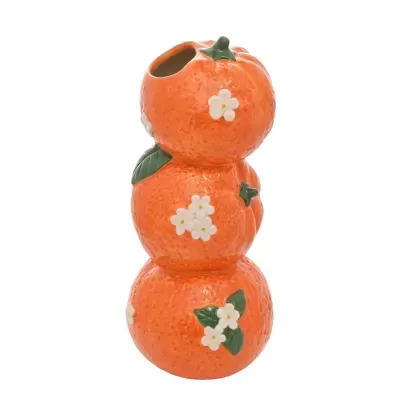 Recipiente decorativo cerâmico laranja com flores brancas e folhas verdes