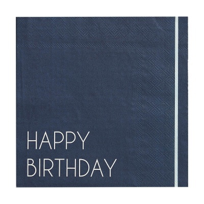 Guardanapo azul escuro com texto branco 'HAPPY BIRTHDAY'
