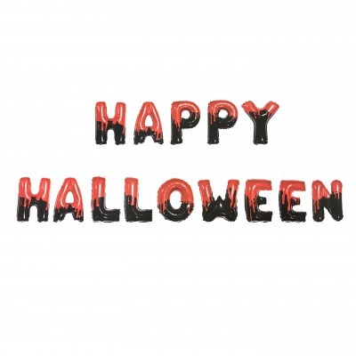 Balões de festa com as palavras HAPPY HALLOWEEN em vermelho e preto