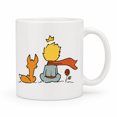 Caneca branca com ilustração de personagem e raposa sentados