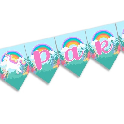 Bandeirolas azuis com unicórnio, arco-íris e letras cor de rosa