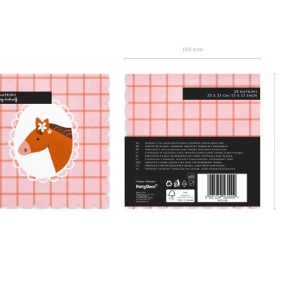 Embalagem rosa com padrão de grade e desenho de cavalo, guardanapos de papel