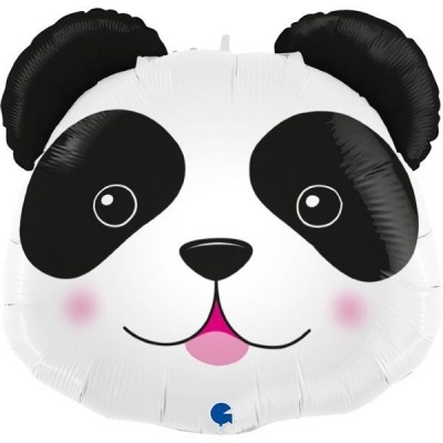 Balão metálico cabeça de panda com orelhas negras e bochechas cor-de-rosa