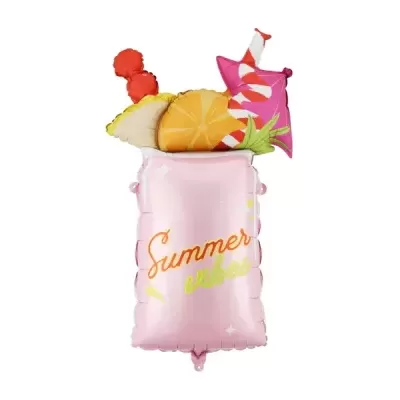 Balão decorativo metálico rosa com texto Summer vibes e frutas coloridas no topo