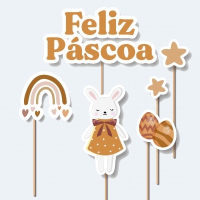 Decoração de Páscoa com texto, coelho, arco-íris, estrelas e ovo em tons castanhos