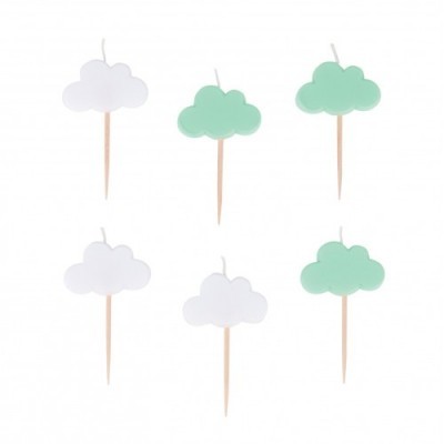 Seis toppers para bolos em forma de nuvem em branco e verde menta