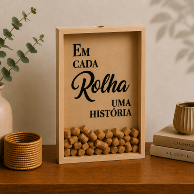 quadro de madeira com rolhas de cortiça e texto decorativo EM CADA ROLHA UMA HISTÓRIA