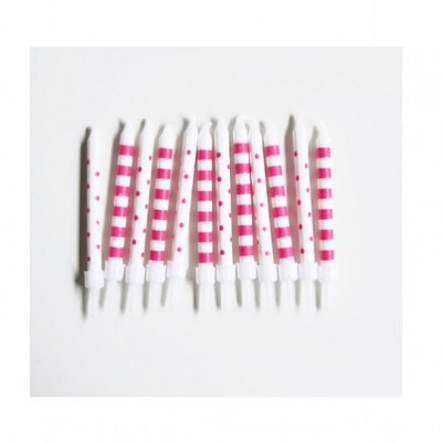 Dez velas para bolos brancas com listras e bolinhas rosa