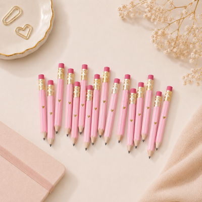 Lápis rosa com coração dourado, caderno rosa e clips em superfície creme