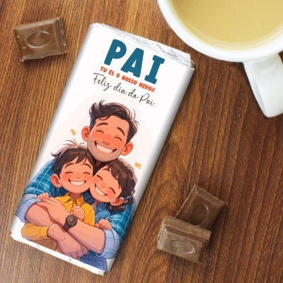 Barra de chocolate com ilustração de pai e filhos e texto para o dia do Pai