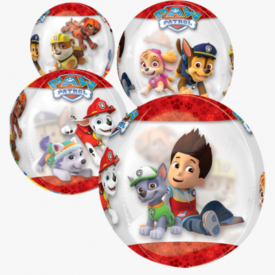 Conjunto de pratos redondos 'PAW Patrol' com personagens e texto no fundo branco e bordas vermelhas