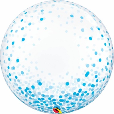 Balão transparente redondo com círculos azuis e logo colorido.