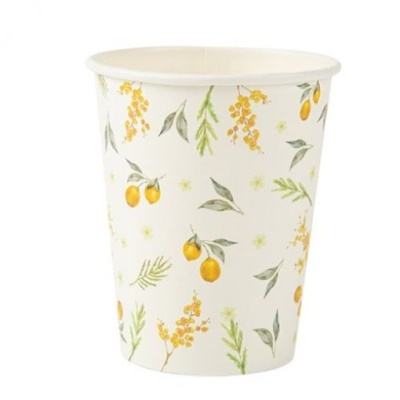 Copo descartável de papel branco com padrão floral amarelo e verde