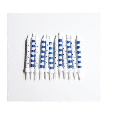 Velas de aniversário azuis e brancas com padrões às riscas e pontos