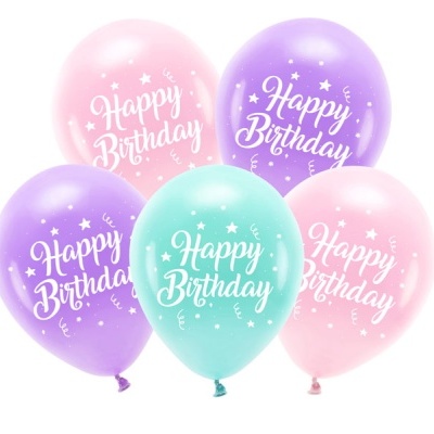 Balões coloridos com texto 'Happy Birthday'