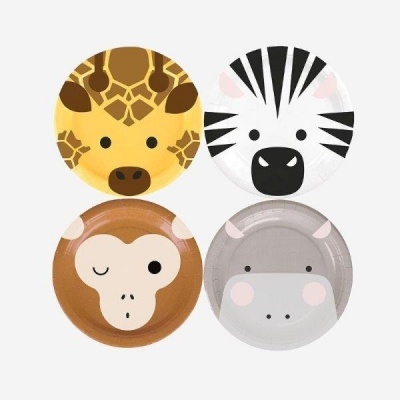 Pratos decorativos com rostos de girafa, zebra, macaco e hipopótamo