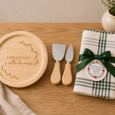Conjunto de tábuas e utensílios para cozinha sobre mesa de madeira