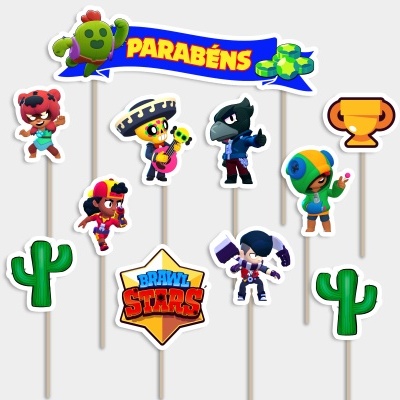 Toppers para bolos com personagens do jogo Brawl Stars e elementos decorativos em papel colorido