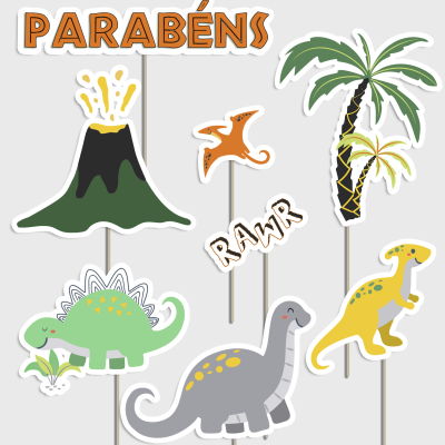 Toppers para bolos de dinossauros, palmeira, vulcão e palavras em português.