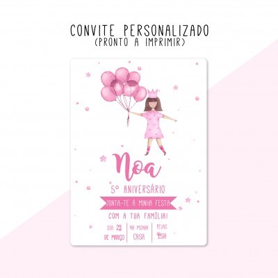 Convite festa aniversário com menina e balões rosa, texto personalizado no meio