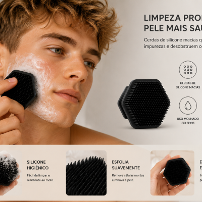 Homem a usar escova facial preta de silicone com espuma para limpeza da pele.